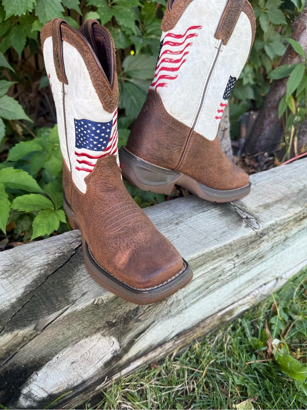 Durango Kids Brown and White Western Boots with Flag Accent